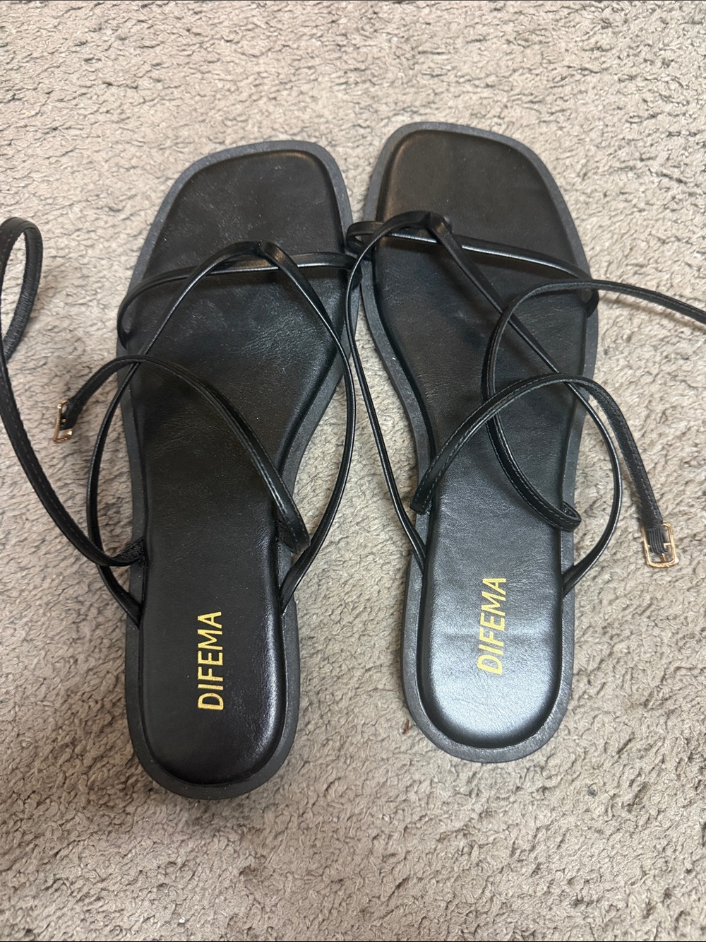 Difema Black Strappy Square-Toe Lace-Up Sandals